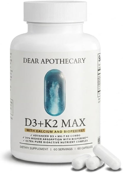 D3+K2 Max Vitamin D3 125mcg + K2 MK-7 100mcg with Calcium 210mg & BioPerine - Bone, Heart & Immune Support - Non-GMO, Gluten Free - 60 Capsules