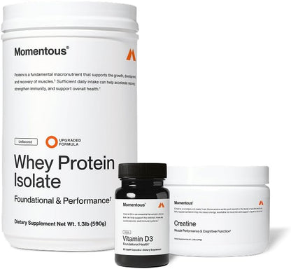 Momentous Arnold's Stack - Creatine Monohydrate Powder, Essential Grass-Fed Whey Protein Powder (Unflavored) & Vitamin D3 (2000 IU) - Daily Fundamentals to Support Muscle Strength & Longevity