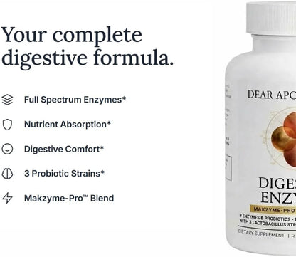 Digestive Enzymes 9 Enzyme Blend with Probiotics - Bloating, Gas & Digestion Support - Bromelain Papain Lactase Lipase Protease - Vegan, Non-GMO - 60 Capsules