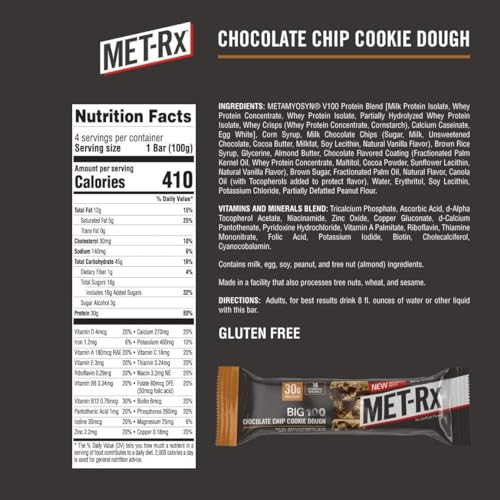 MET-Rx Big 100 Colossal Protein Bars, Chocolate Chip Cookie Dough Meal Replacement