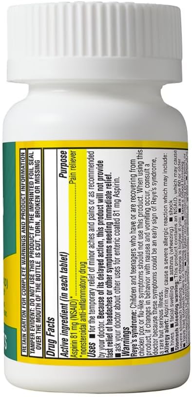 berkley jensen Aspirin 81mg Low Dose, Enteric Coated Tablets, NSAID Pain Reliever & Fever Reducer, for Minor Aches, Muscle Pain & Cramps. Safety Coated, Made in USA, 365 Count (Pack of 2)