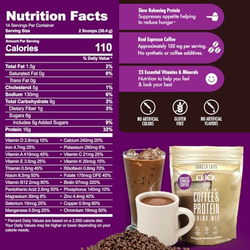 CLICK Coffee Protein Powder | Double Shot Espresso | 16g Protein | 23 Essential Vitamins