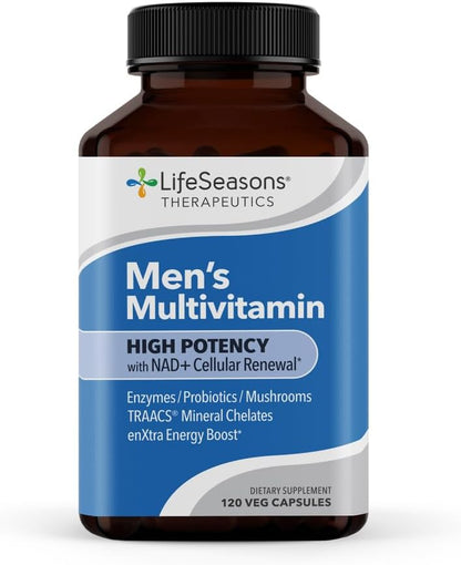 LifeSeasons Men's Multivitamin – High Potency with 21 Vitamins & Minerals, PureWay-C®, NAD+, Active B-Vitamins, TRAACS® Chelates, enXtra® for Energy, Probiotics & Mushrooms – 120 Veg Capsules