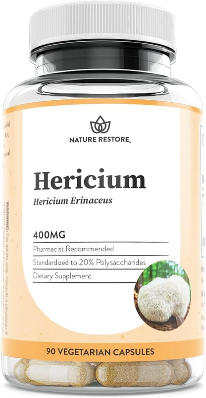 Nature Restore Hericium Erinaceus Lion’s Mane Mushroom Extract Capsules. Standardized High Polysaccharides for Brain Fog, Memory & Focus Support. Bioavailable Fruiting Body Nootropic, 90 Capsules