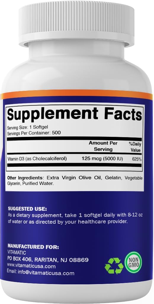 Vitamatic Vitamin D3 5000 IU (125 mcg), 500 Softgels, Made in USA | Olive Oil-Based Formula, Cold Pressed, 500 Day Supply, Support Immune Health*, Non GMO, Gluten Free