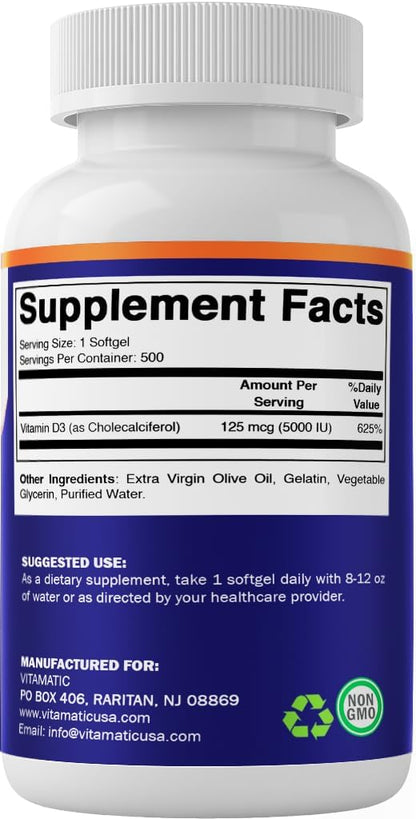 Vitamatic Vitamin D3 5000 IU (125 mcg), 500 Softgels, Made in USA | Olive Oil-Based Formula, Cold Pressed, 500 Day Supply, Support Immune Health*, Non GMO, Gluten Free