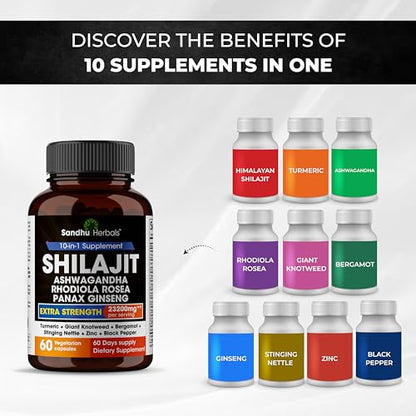 Sandhu Herbals Shilajit Pure Himalayan 23200mg All in 1 supplement, 60 capsules