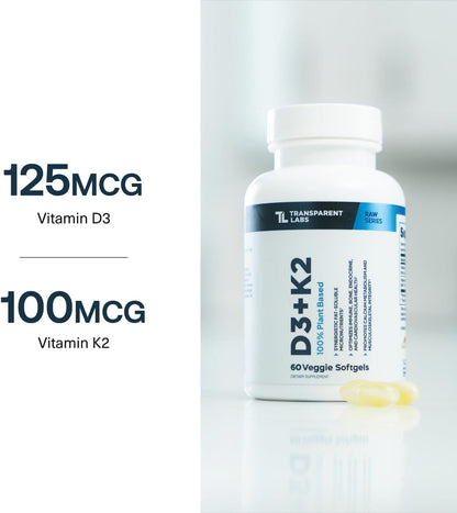 Transparent Labs Vitamin D3 K2 - Vitamin D & K2 Vitamin Supplement for Men & Women, Vegan-Friendly D3K2 5000 IU Supplements to Support Bone, Immune, and Overall Health - K2 D3 60 Capsules