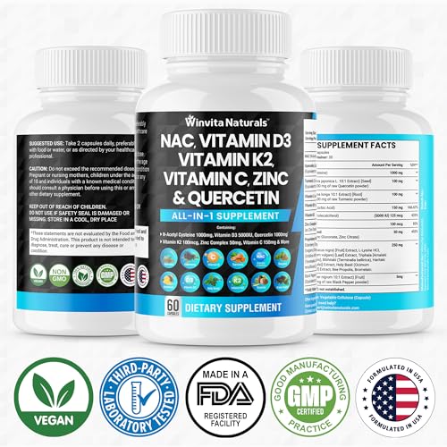 NAC Supplement N-Acetyl Cysteine 1000mg Vitamin C Vitamin D3 K2, Zinc, Turmeric Curcumin