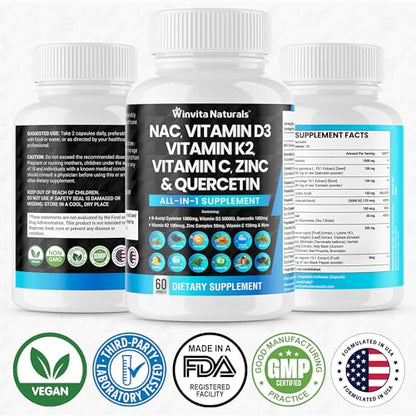 NAC Supplement N-Acetyl Cysteine 1000mg Vitamin C Vitamin D3 K2, Zinc, Turmeric Curcumin