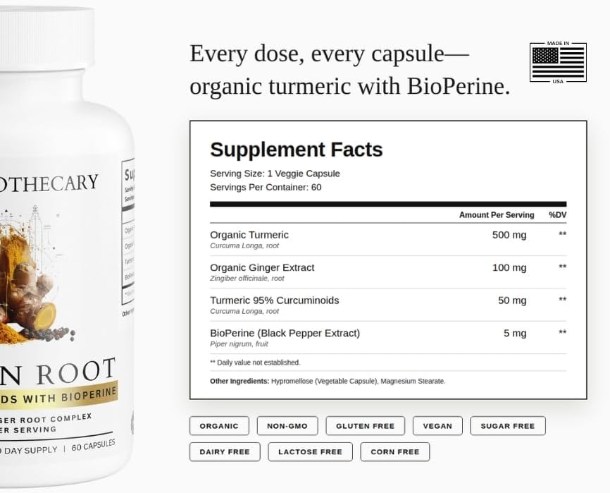 Golden Root - Turmeric Curcumin 95% with BioPerine & Ginger, Organic Turmeric Supplement, 655mg Per Serving, 60 Capsules, Vegan, Non-GMO, Gluten Free, Made in USA