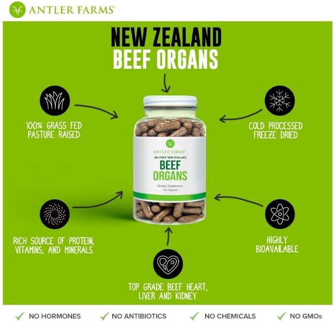 Antler Farms New Zealand Beef Organs - Heart Liver Kidney, 180 Ct, 400mg | 100% Pure Grass Fed Beef Organ Supplement, Cold Processed, Pure and Clean rBGH Free, No Fillers or Additives