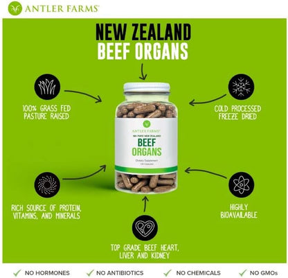 Antler Farms New Zealand Beef Organs - Heart Liver Kidney, 180 Ct, 400mg | 100% Pure Grass Fed Beef Organ Supplement, Cold Processed, Pure and Clean rBGH Free, No Fillers or Additives