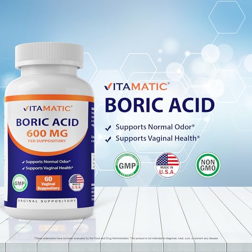 Vitamatic Boric Acid Vaginal Suppositories 600 mg USP Grade Boric Acid in Vegetarian Capsule Shell - 60 Count