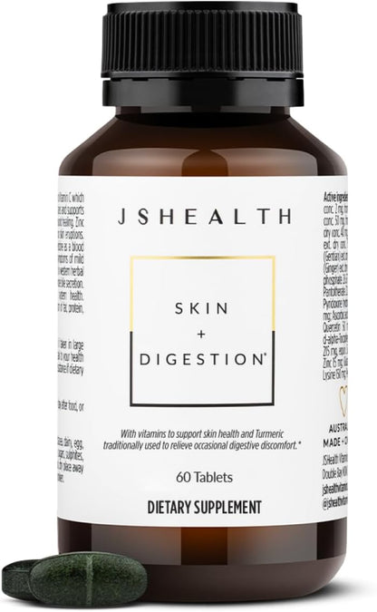 JSHealth Skin & Digestion Formula Supports Healthy Skin & Digestive Comfort | Clear Skin Supplement with Zinc, Burdock, Turmeric. Supports Healthy Skin and Digestive Comfort. Vegan (60 Tablets)