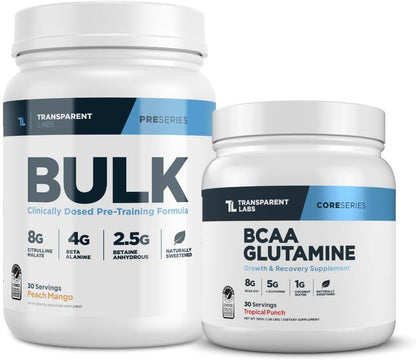 Transparent Labs Bulk Pre-Workout (30 Servings, Peach Mango) & BCAA Glutamine (30 Servings, Tropical Punch)