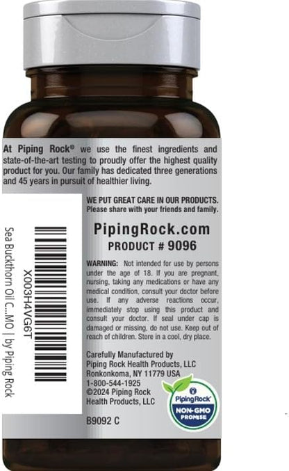 Piping Rock Sea Buckthorn Oil Capsules | 90 Softgels | Sea Buckthorn Berry Extract | With Omega-7 | Gluten Free, Non-GMO