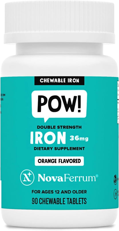 NovaFerrum Pow Chewable Iron Supplement 36mg for Anemic Teens & Adults 12+ | For Ages 12+ | Helps with Anemia and Iron Deficiency | Sugar Free, Vegan, Gluten Free Certified | 90 Servings
