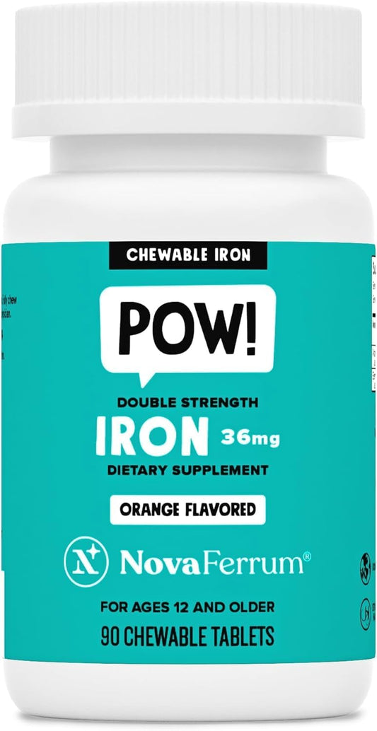 NovaFerrum Pow Chewable Iron Supplement 36mg for Anemic Teens & Adults 12+ | For Ages 12+ | Helps with Anemia and Iron Deficiency | Sugar Free, Vegan, Gluten Free Certified | 90 Servings