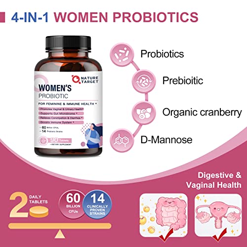 Probiotics-for-Women, Probiotics and Prebiotics, Cranberry and D-Mannose, 50-Billion