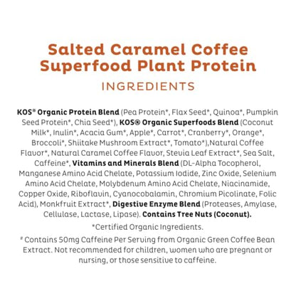 KOS Organic Vegan Protein Powder with 50mg Caffeine, Salted Caramel Coffee