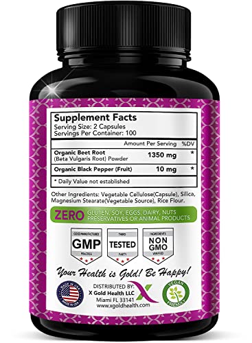 Organic Beet Root Powder 1350mg 200 Veggie caps Superfood Nitric Oxide Strongest