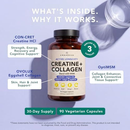 AMANDEAN Creatine + Collagen Bundle - CON-CRET Creatine HCl Capsules & Creatine, Collagen and MSM Stack, Strength and Recovery Support