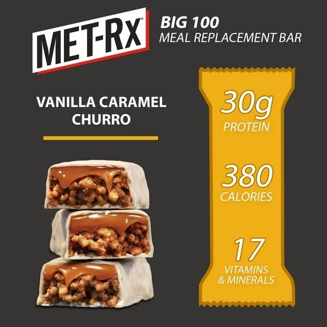 MET-Rx Big 100 Colossal Protein Bars, Vanilla Caramel Churro Meal Replacement Bars