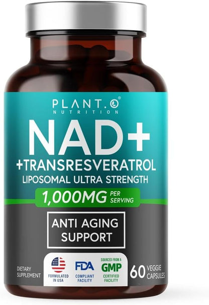NAD Supplement High Purity (500mg of 95% Pure NAD Plus) with Resveratrol - NMN and Nicotinamide Riboside Alternative for Energy, Anti-Aging, Cell Regeneration, Focus – 60 Pills