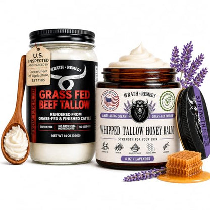 Beef Tallow for Cooking (14 oz) & Organic Beef Tallow for Skin - 4 OZ (Lavender)