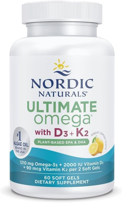 Nordic Naturals Plant-Based Omega-3 D3+K2, 1210mg, Vegan Softgels - 60 Count