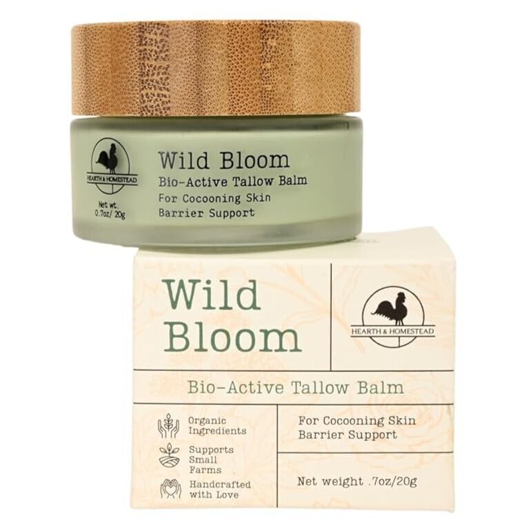 Hearth and Homestead: Handmade Wild Bloom Bio-Active Tallow Face Balm/Cream with Blue Tansy - Hydrate, Nourish, and Protect Skin - .7 oz