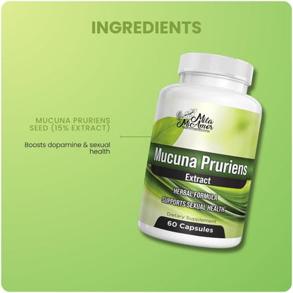 Mucuna Pruriens Extract Capsules 350mg, Standardized 15% Extract, Overall Sexual Wellness and Mood Support, Herbal Formula, Non-GMO, Third-Party Tested, Made in USA, 60 Capsules