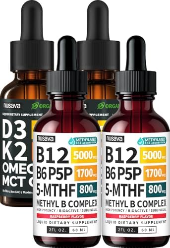 NUSAVA (2-Pack) Methylated B Complex Liquid Drops Raspberry and (2-Pack) Organic Vitamin D3 K2 Drops with MCT Oil Omega 3 - Sublingual Vitamin B12 5000mcg and Liquid D3 5000 IU for Daily Wellness