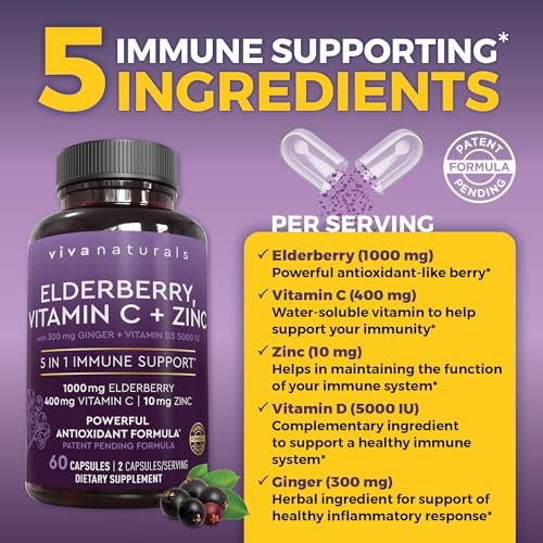 Viva Naturals Sambucus Elderberry with Zinc and Vitamin C for Adults, Vitamin D 5000