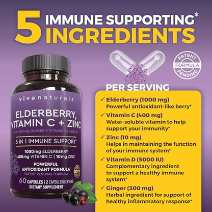 Viva Naturals Sambucus Elderberry with Zinc and Vitamin C for Adults, Vitamin D 5000