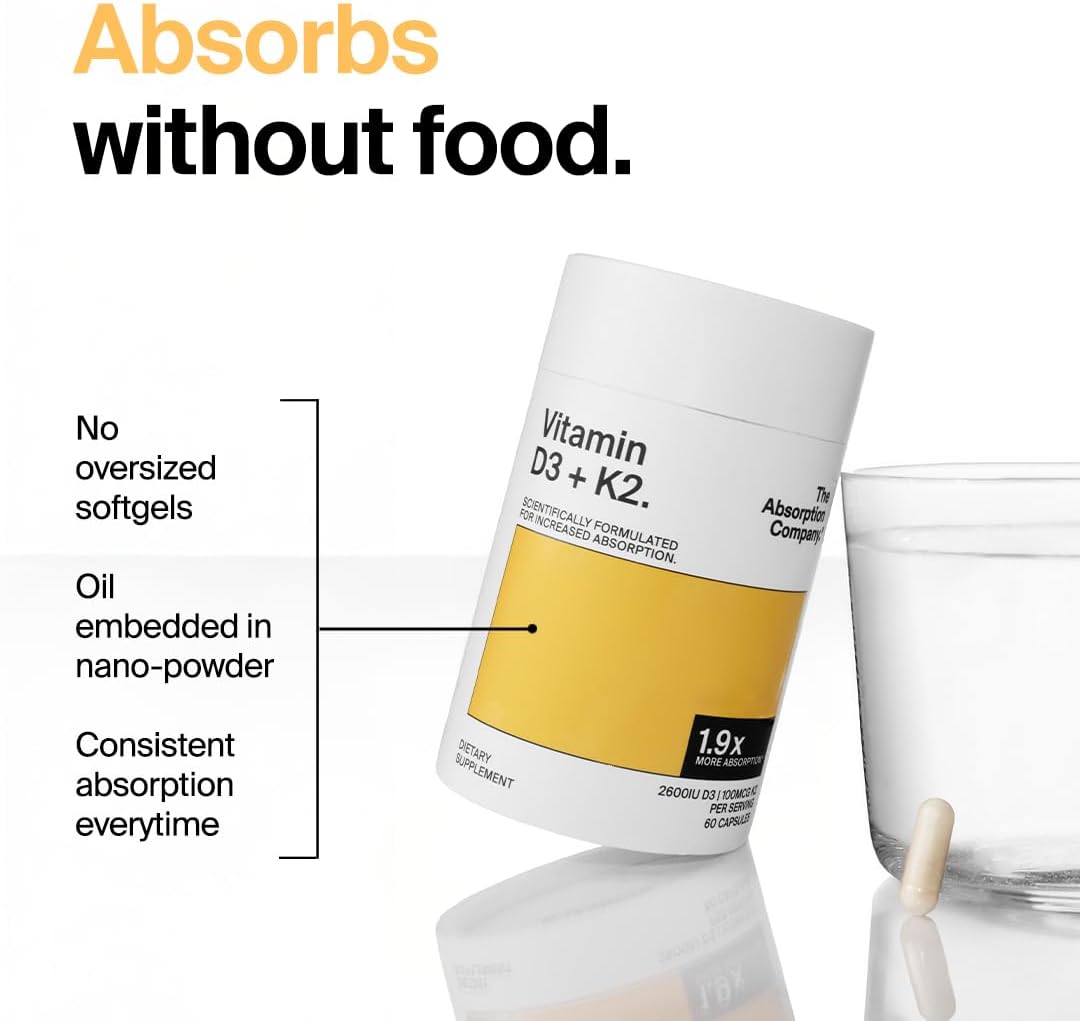 The Absorption Company Vitamin D3 K2-60 Muscle Support Capsules - 5000iu | Bioavailable Heart Health Aid, Workout & Sore Recovery Supplement, Bone & Immune Health Vitamins, 1.9x Higher Absorption