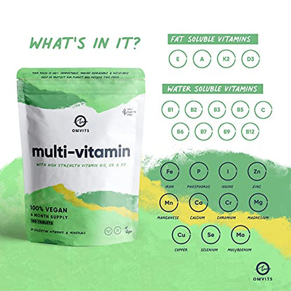 Vegan Multivitamins & Minerals - With High Strength Vitamin B12, D3, K2 & Iron