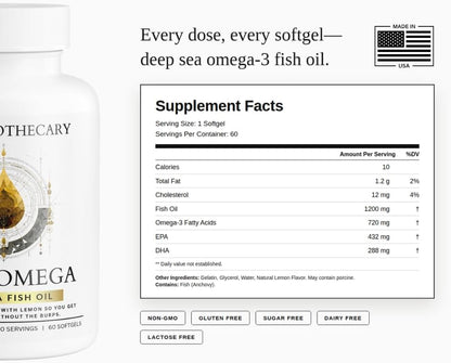 Pure Omega 3 Fish Oil 1200mg - EPA 432mg DHA 288mg - Heart, Brain & Joint Support - Lemon Flavored, Non-GMO, Gluten Free - 60 Softgels