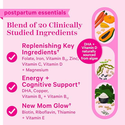 Pink Stork Total Postnatal Vitamins for Women with Vegan DHA, Iron, Folate, and Vitamin B12