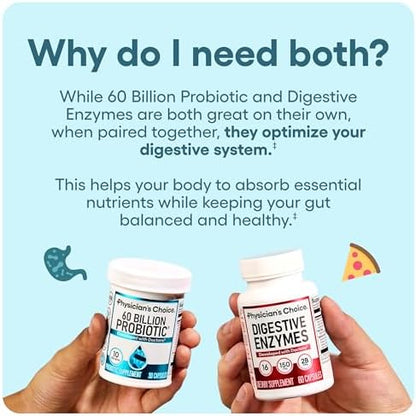 Physician's CHOICE Complete Gut Health Bundle for Bloating, Digestive Health, Immune, & GLP-1 Support - 60 Billion Probiotic 30CT + Digestive Enzymes 90CT + Easy Mix Fiber Powder 30CT