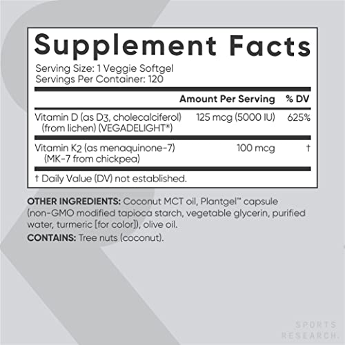 Sports Research Vitamin D3 + K2 with 5000iu of Plant-Based D3 & 100mcg of Vitamin