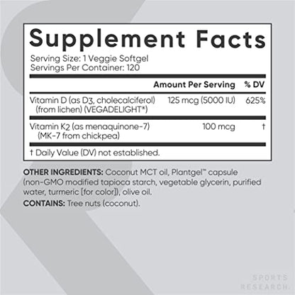 Sports Research Vitamin D3 + K2 with 5000iu of Plant-Based D3 & 100mcg of Vitamin