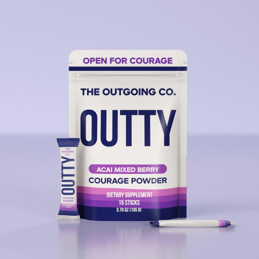 Outty Courage Powder Drink Mix, Acai Berry, 15 Pack | Taurine, L-Theanine, Mucuna Pruriens, GABA, Oroxylin A, zero sugar, caffeine-free, keto-friendly, and made in the USA.