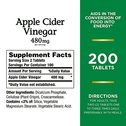 Nature's Bounty Apple Cider Vinegar 480mg Pills, Vegetarian Supplement Plant Based