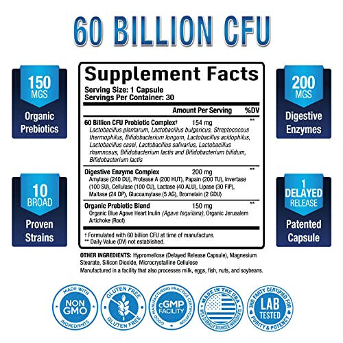Premium Probiotics 60 Billion CFU with Organic Prebiotics & Digestive Enzymes; Dr. Formulated