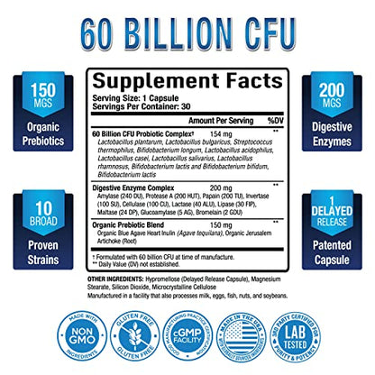 Premium Probiotics 60 Billion CFU with Organic Prebiotics & Digestive Enzymes; Dr. Formulated