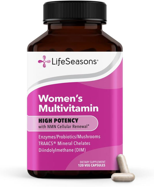 LifeSeasons Women's Multivitamin – High Potency with 21 Vitamins & Minerals, PureWay-C®, NAD+, Active B-Vitamins, TRAACS® Chelates, enXtra® for Energy, Probiotics & Mushrooms – 120 Veg Capsules