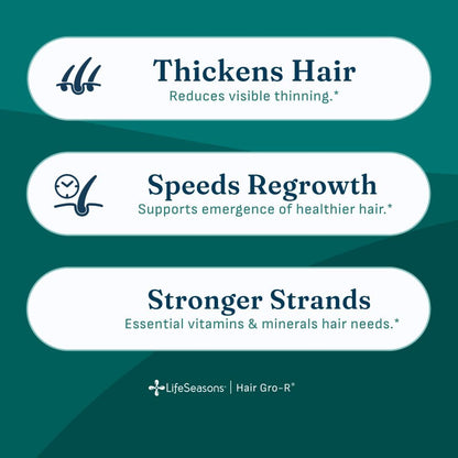 LifeSeasons Hair Gro-R - Clinically Studied Ingredients - Support Thickness Growth & Less Thinning - Reduce Hair Loss & Encourage Regrowth - Biotin Zinc Selenium & AnaGain Nu Pea Extract - 60 Capsules