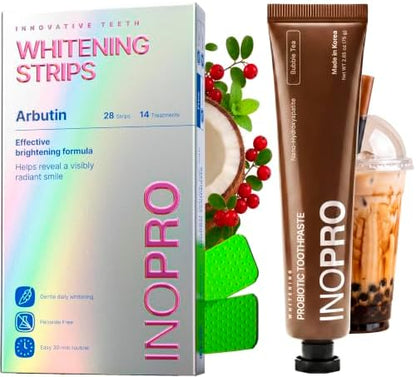 InoPro Teeth Whitening Strips 14 Treatments Kit + Nano-Hydroxyapatite Whitening Toothpaste with Probiotic for Sensitive Teeth - Bubble Tea